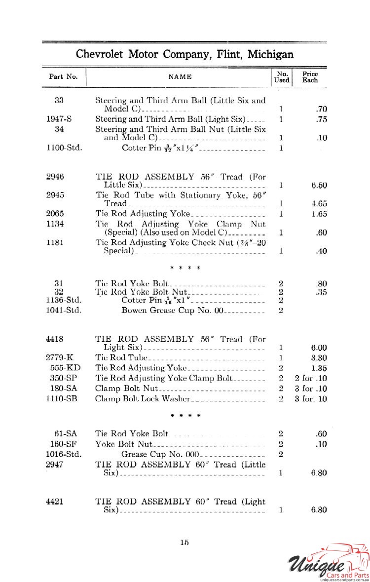 1912 Chevrolet Light and Little Six Parts Price List Page 46